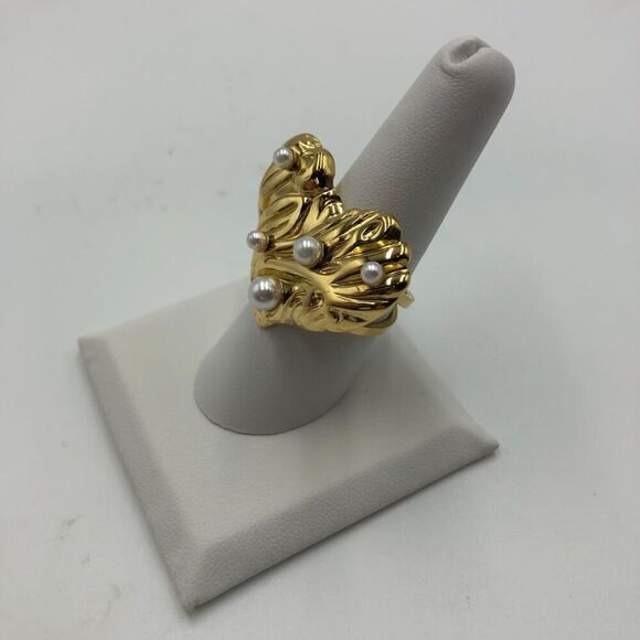 18K Gold Plated Women's Statement Heart Ring Faux Pearls Open Back Adjust Size - Picture 7 of 15